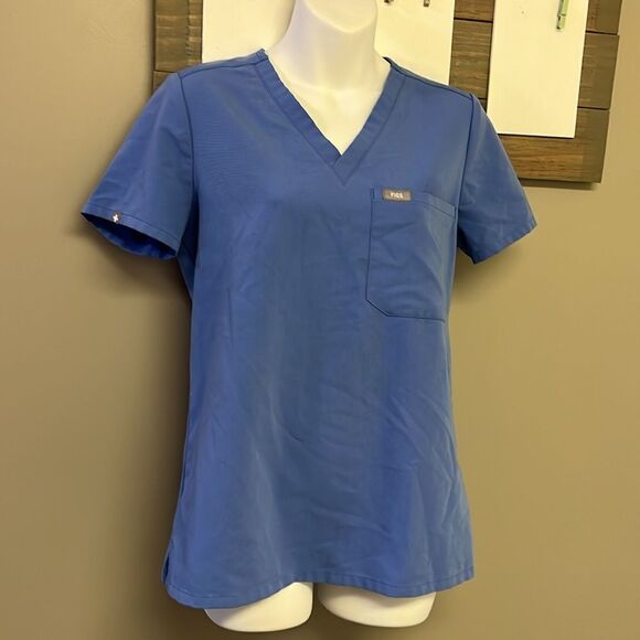 FIGS Technical Collection Blue Short Sleeve V-Neck Medical Scrub Shirt Pocket-XS - Picture 3 of 13